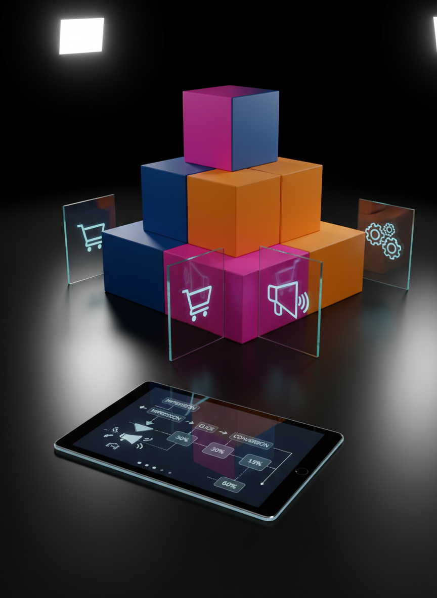 A stack of minimalist ecommerce product packaging boxes in bold, saturated brand colors—deep cobalt, vivid magenta, and sharp citrus orange—arranged in a pyramid on a reflective black acrylic surface. Around the boxes, holographic-style icons of shopping carts, ad megaphones, and automation gears appear as glowing overlays on transparent glass panels. A large, ultra-sharp tablet lies flat in the foreground, displaying a high-conversion funnel flow with clear arrows and metrics. Intense, directional studio lighting from above and behind creates dramatic highlights and long shadows, conveying power and momentum. Shot at a low, slightly tilted angle in high-contrast photographic realism, the scene feels energetic, futuristic, and unapologetically bold.