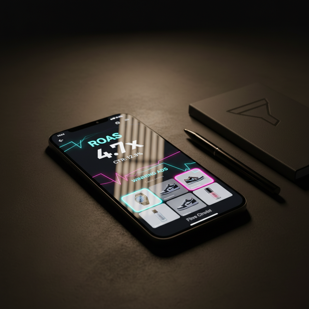 An extreme close-up of a smartphone lying on a matte charcoal desk, its edge-to-edge screen showing a live ecommerce ad campaign dashboard with bold ROAS numbers, click-through rates, and vibrant thumbnail creatives. Crisp neon accents in cyan and hot pink highlight winning ads. Next to the phone, a black metal pen and a slim notebook with embossed funnel icons add tactile contrast. Focused, directional light from a single desk lamp carves out sharp reflections on the glass screen while leaving the background in soft, moody darkness. Captured with a shallow depth of field in cinematic photographic style, the mood is intense, data-driven, and performance-obsessed.